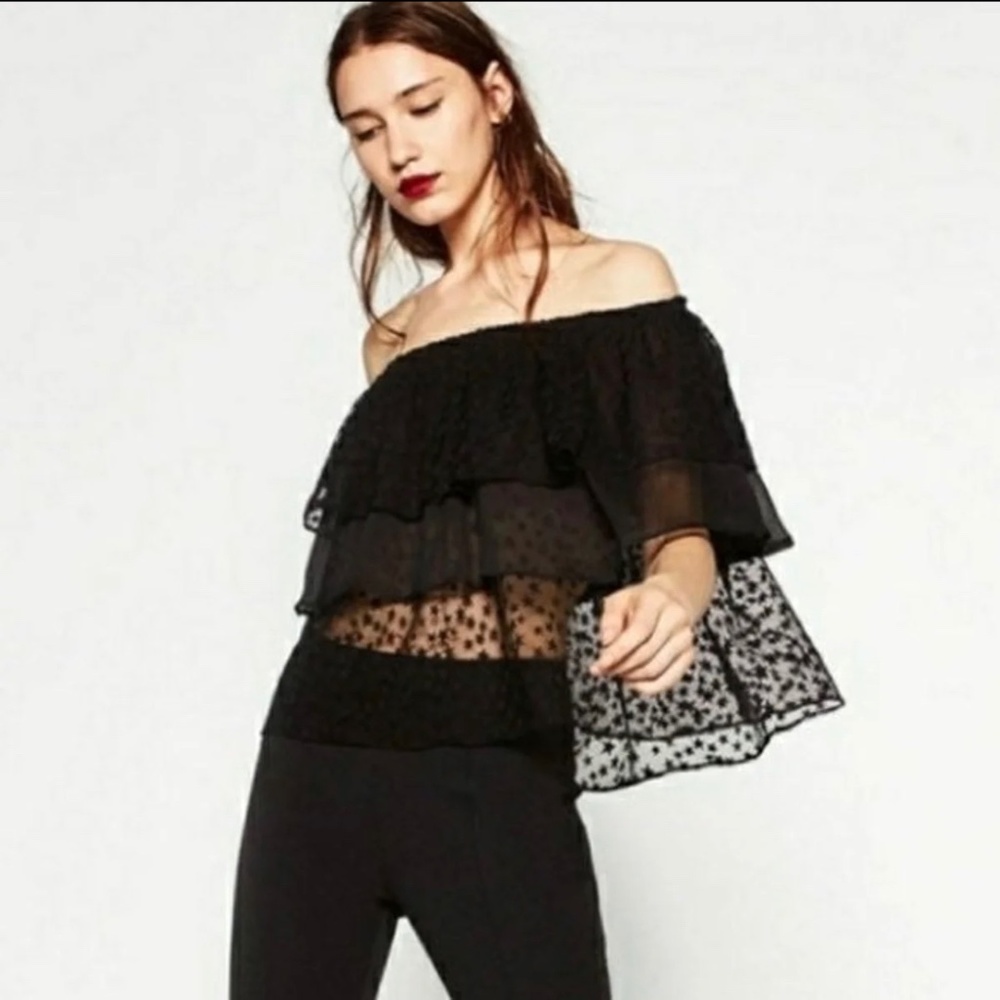 Zara Basics Sheer Ruffle Star Top
